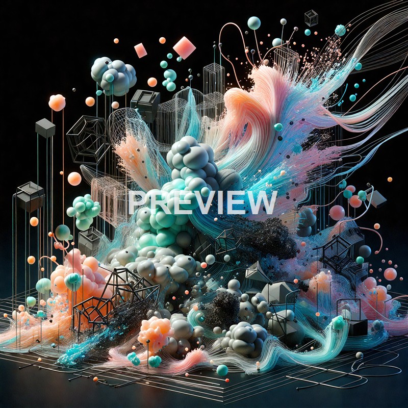 An abstract digital artwork featuring a dynamic explosion of pastel-colored clouds, spheres, and web-like structures against a dark background, creating a sense of movement and complexity.